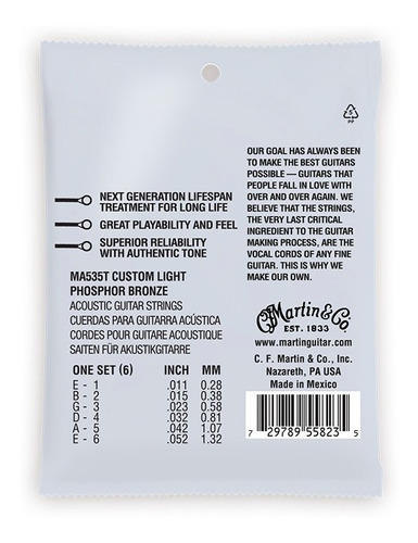 Encordado Guitarra Acustica Martin & Co. Lifespan Trated 011 MA535T - Image 2