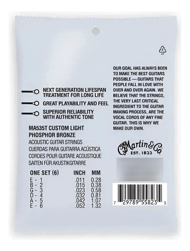 Encordado Guitarra Acustica Martin & Co. Lifespan Trated 011 MA535T - Image 2
